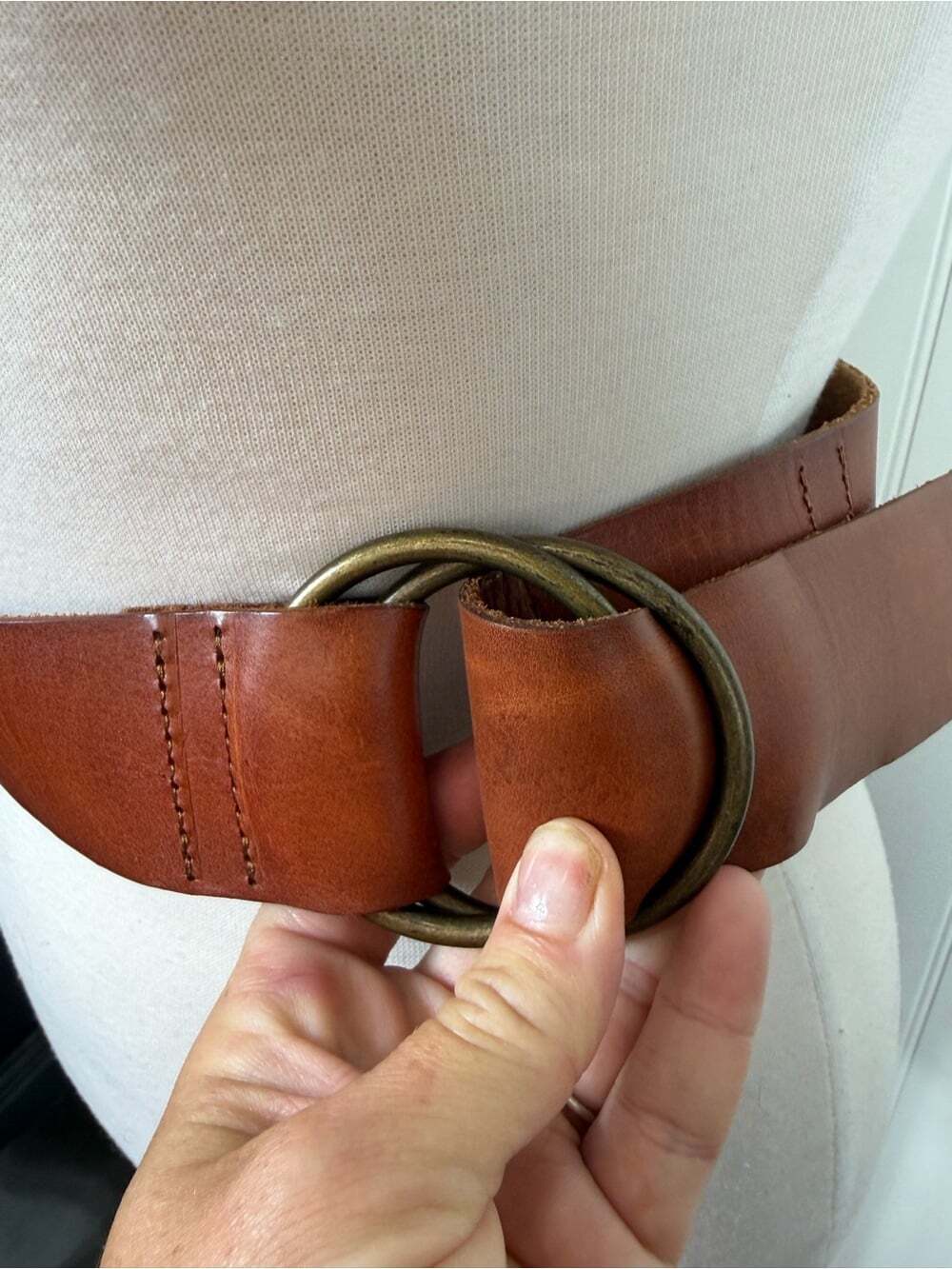 Genuine Leather Double O-Ring Waist Belt Cognac Brown Fits Up to 31” - Picture 3 of 11